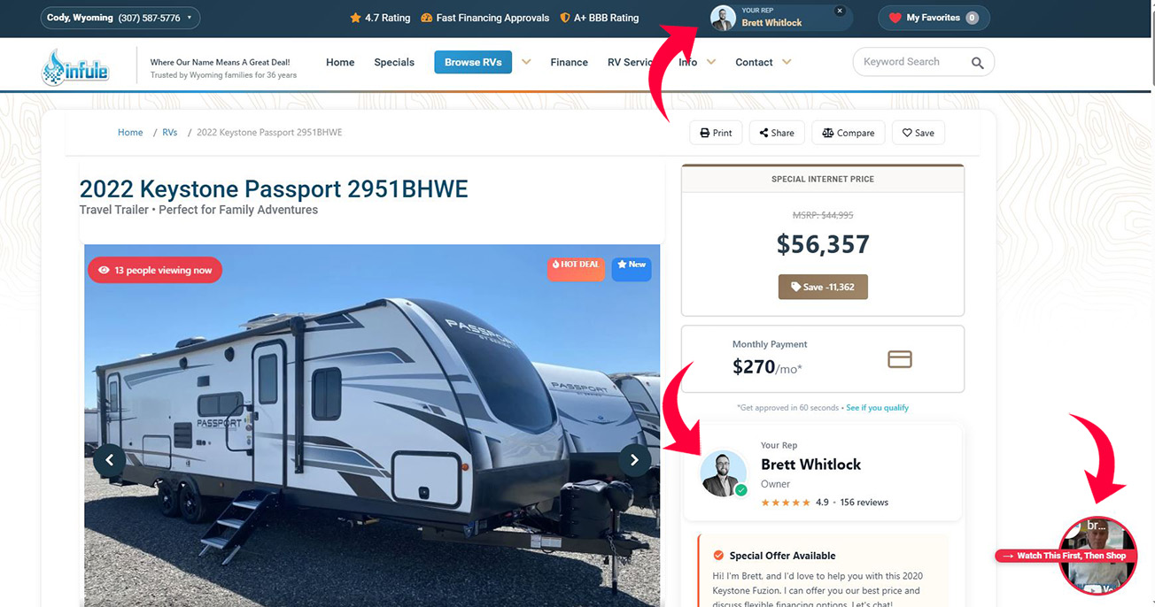 Dealer website with custom salesperson branding showing personalized header with staff photo, name, role, and vehicle inventory browsing experience