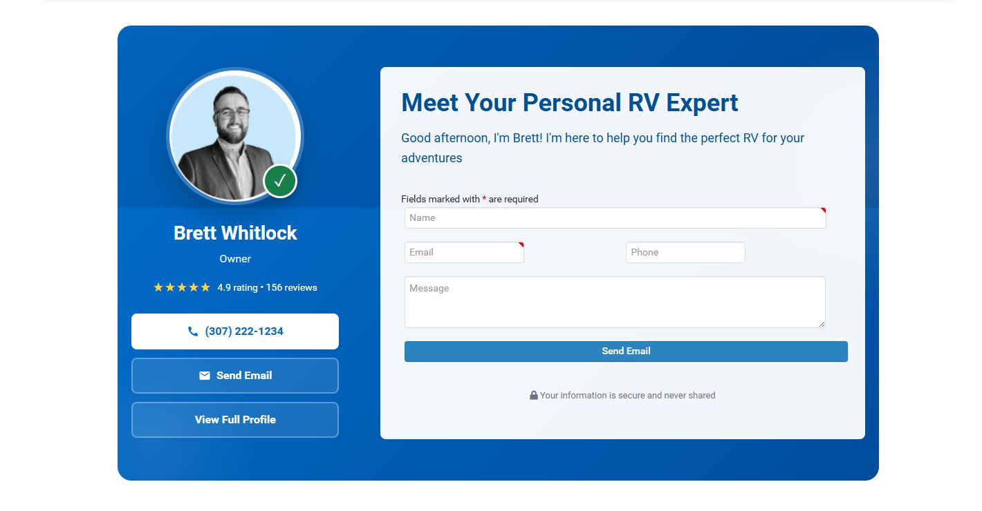 Dealer website footer billboard showing salesperson profile with photo, contact information, and personalized message for visitors browsing inventory